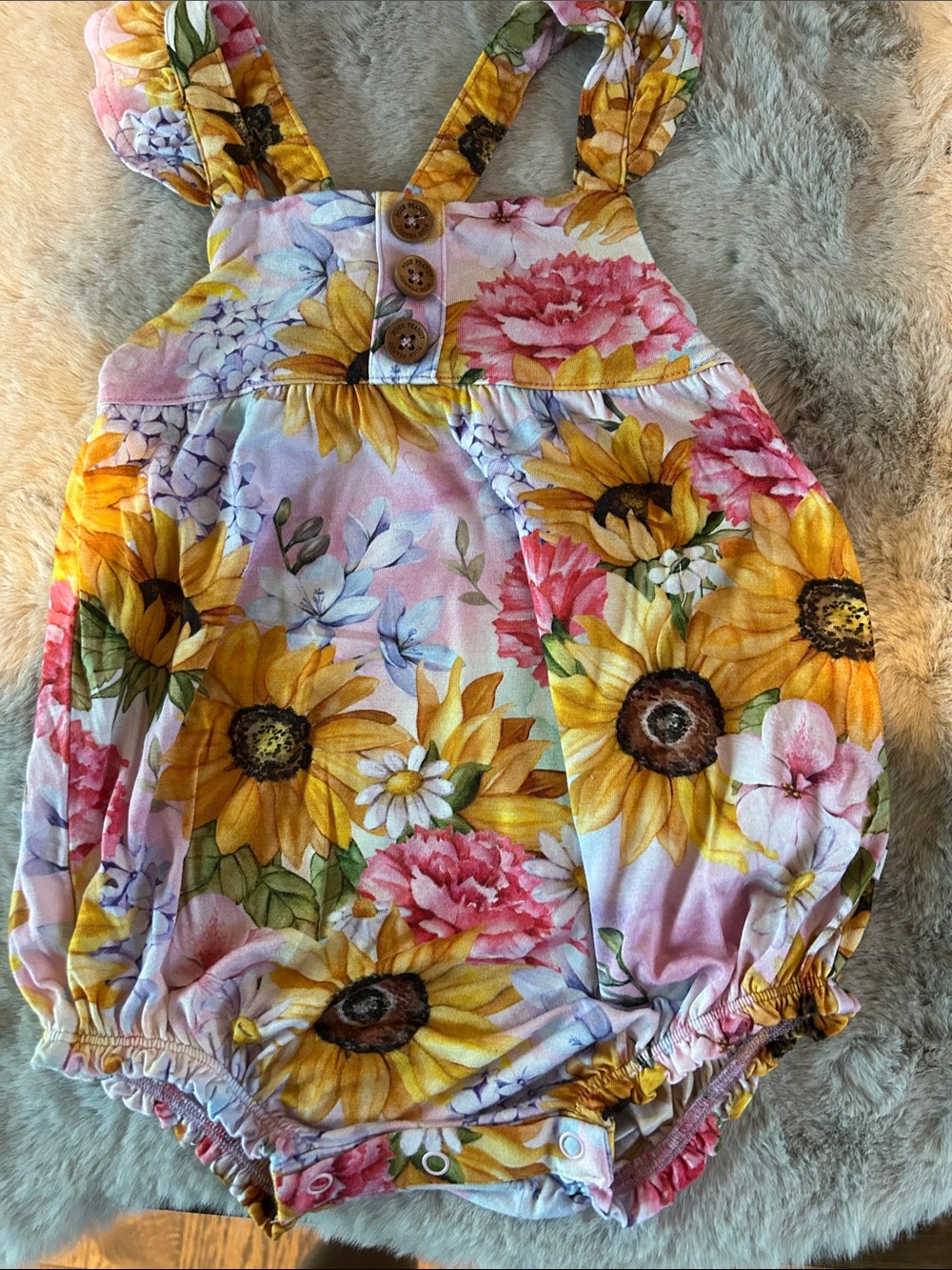 Posh Peanut Sunflower Floral One-Piece Romper - Yellow & Pink floral